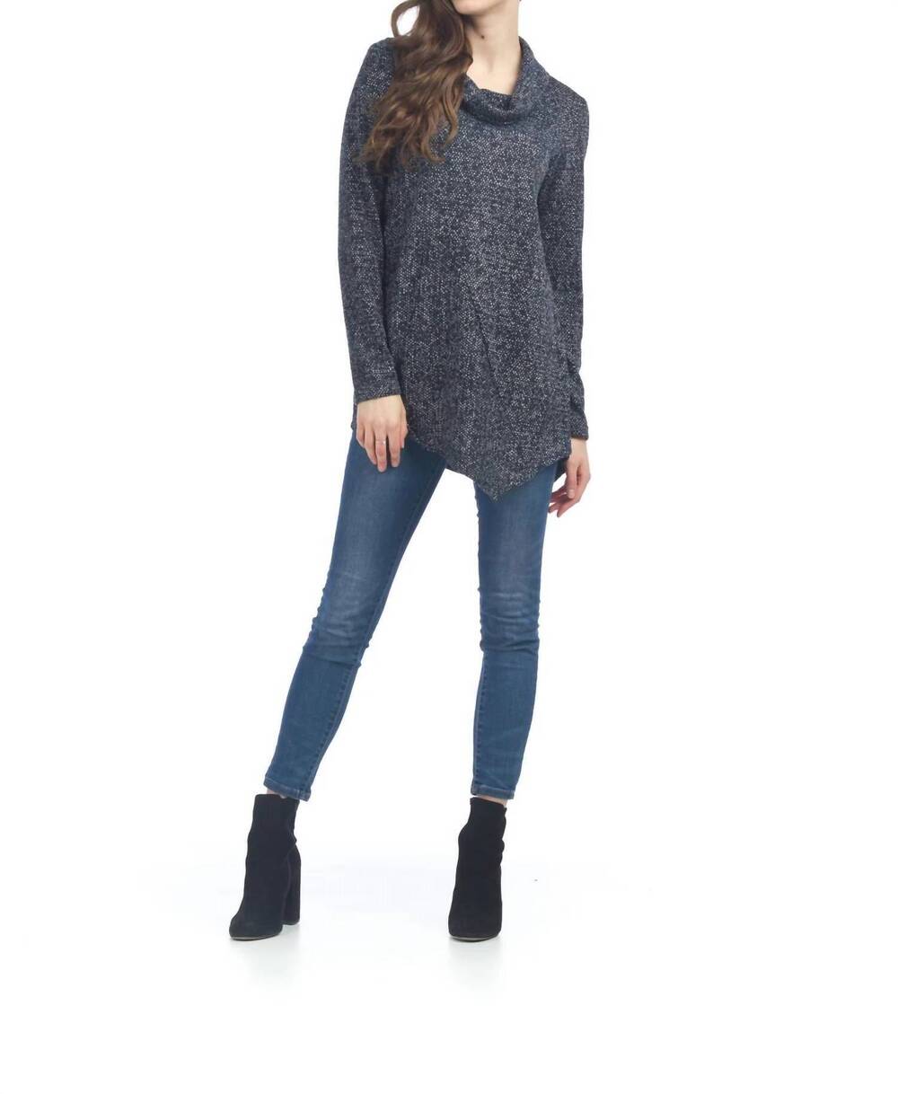 NEW PAPILLON cowl neck tweed angle hem sweater top in navy